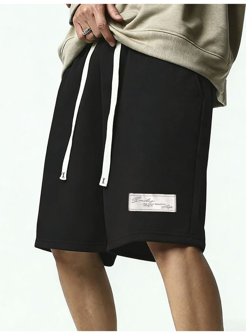 Men's Black Casual Sweatshorts Elastic Waist Drawstring Half Pants with Woven Patch - Image 1